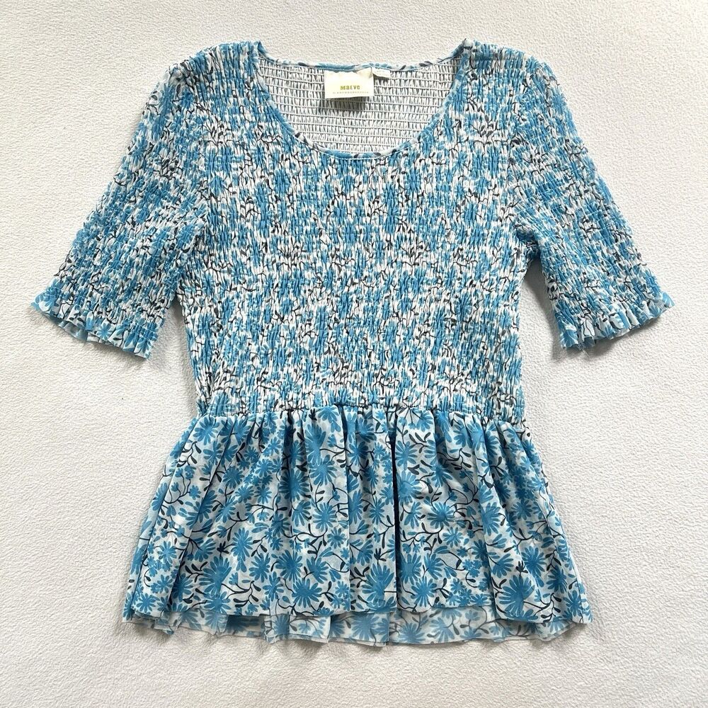 Anthropologie Maeve Blue Floral Print Ashton Smocked Peplum Short Sleeve Top M